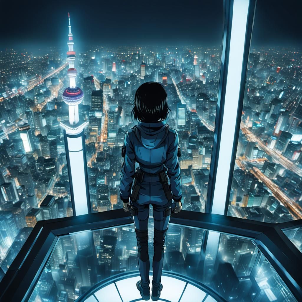 Kusanagi Motoko, watching from the top of SKYTREE, in the Tokyo night, looking for emergency occurrences that require he...
