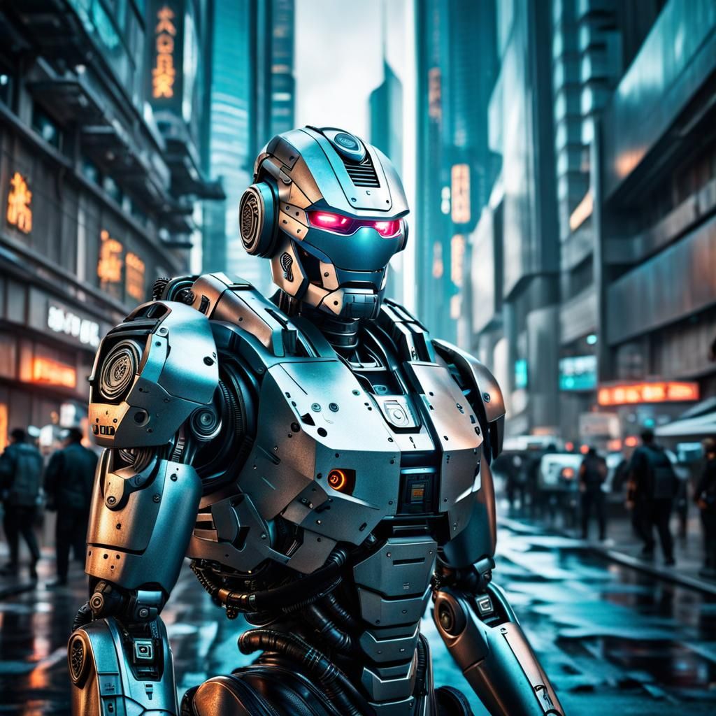 Cyberpunk Robot Enforcer in Futuristic Cityscape