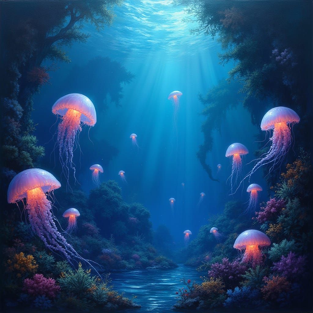 Bioluminescent Jellyfish Garden in Oil Painting Style
