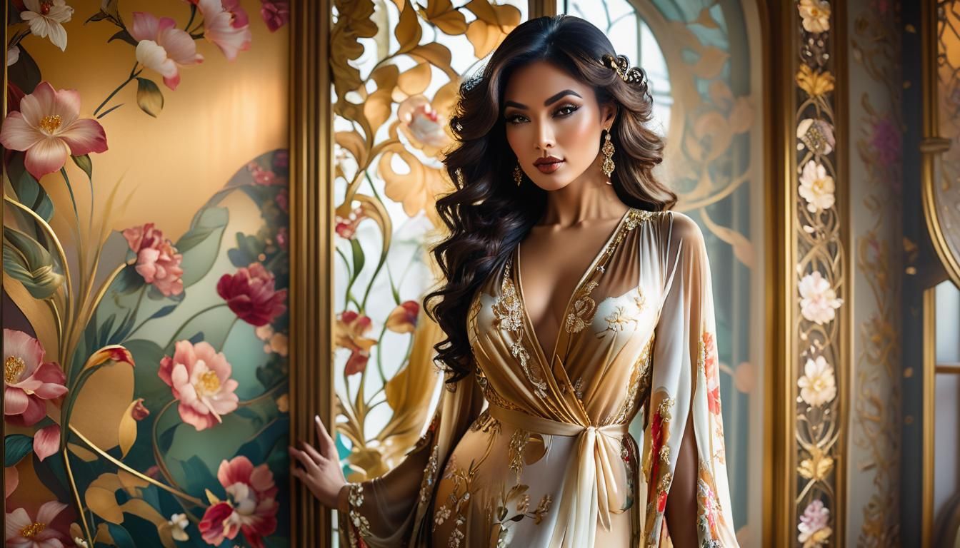 Exotic Woman in Art Nouveau Boudoir
