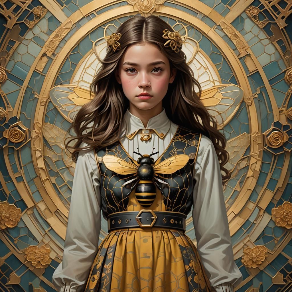 Girl with Bee Symbol in Art Nouveau Style