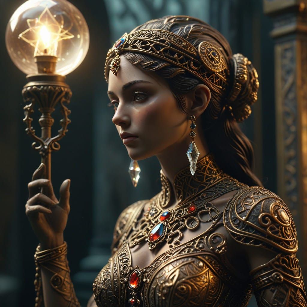 Ethereal Goddess Guarding Ancient Secrets in Bronze Pedestal