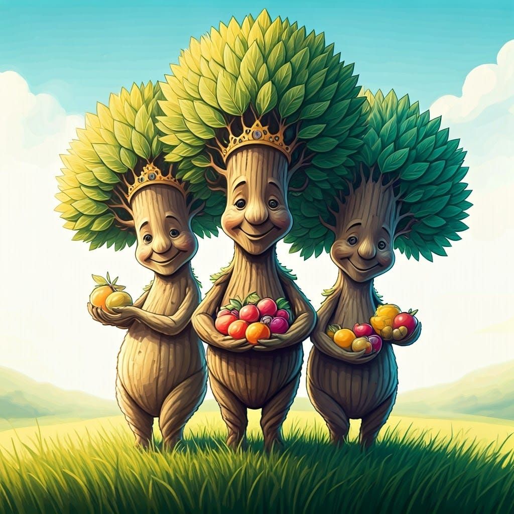Three Trees in a Field Smiling with Crowns and Fruits, Whims...