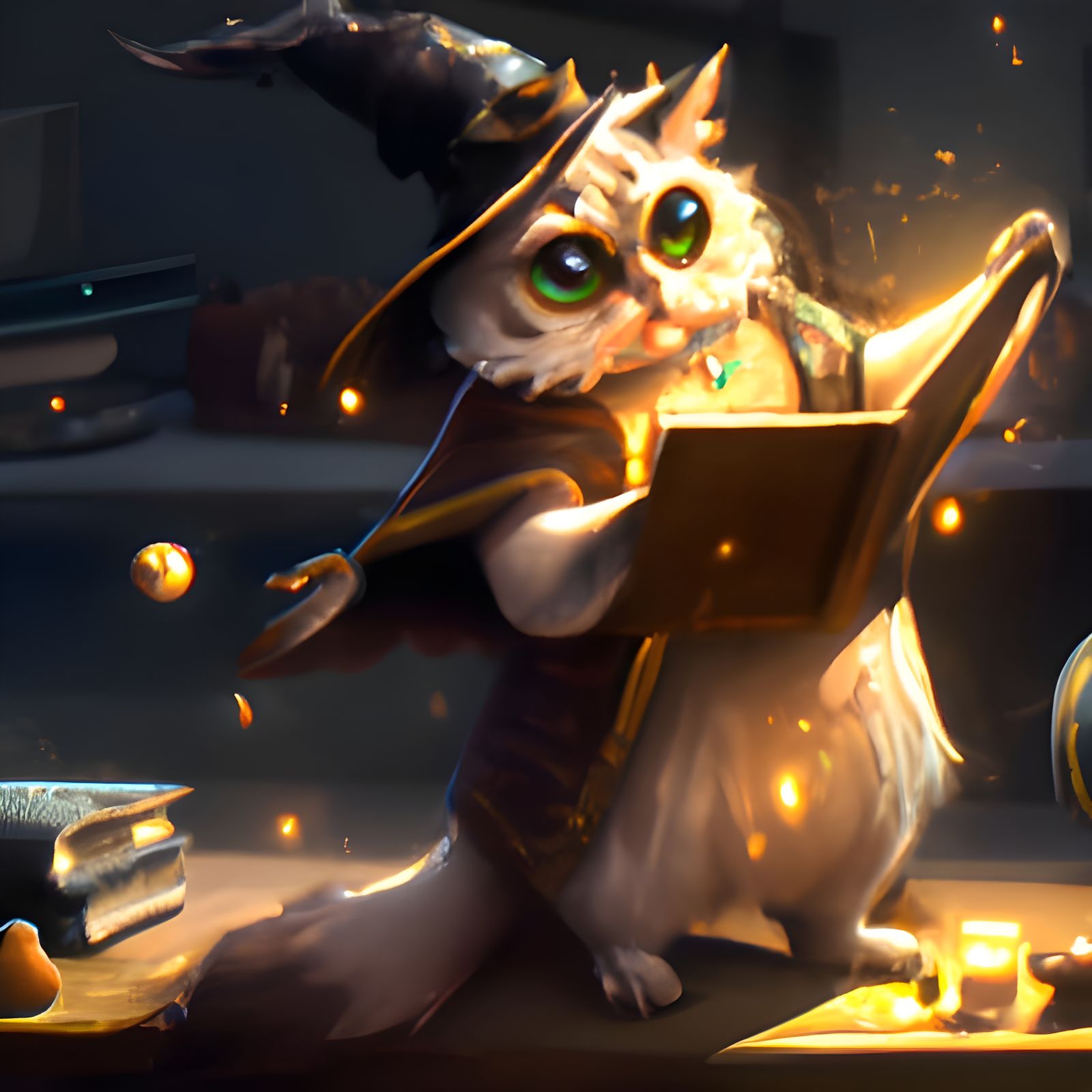Chibi Wizard Cat Dark Fantasy Concept Art
