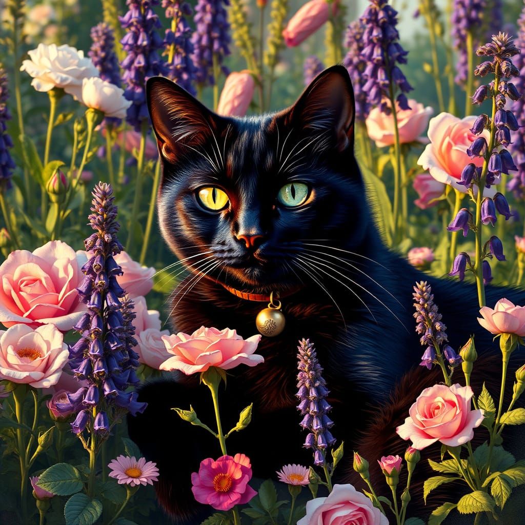 Black Cat in English Garden, Pre-Raphaelite Style