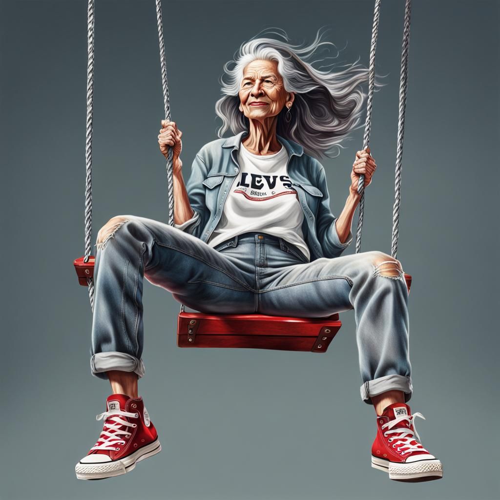 Hyperrealistic Old Woman on Swing in Splash Art Style