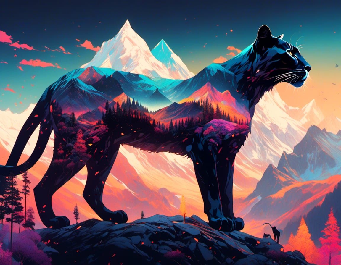 Colorful Mountain Panther Silhouette in Double Exposure Art