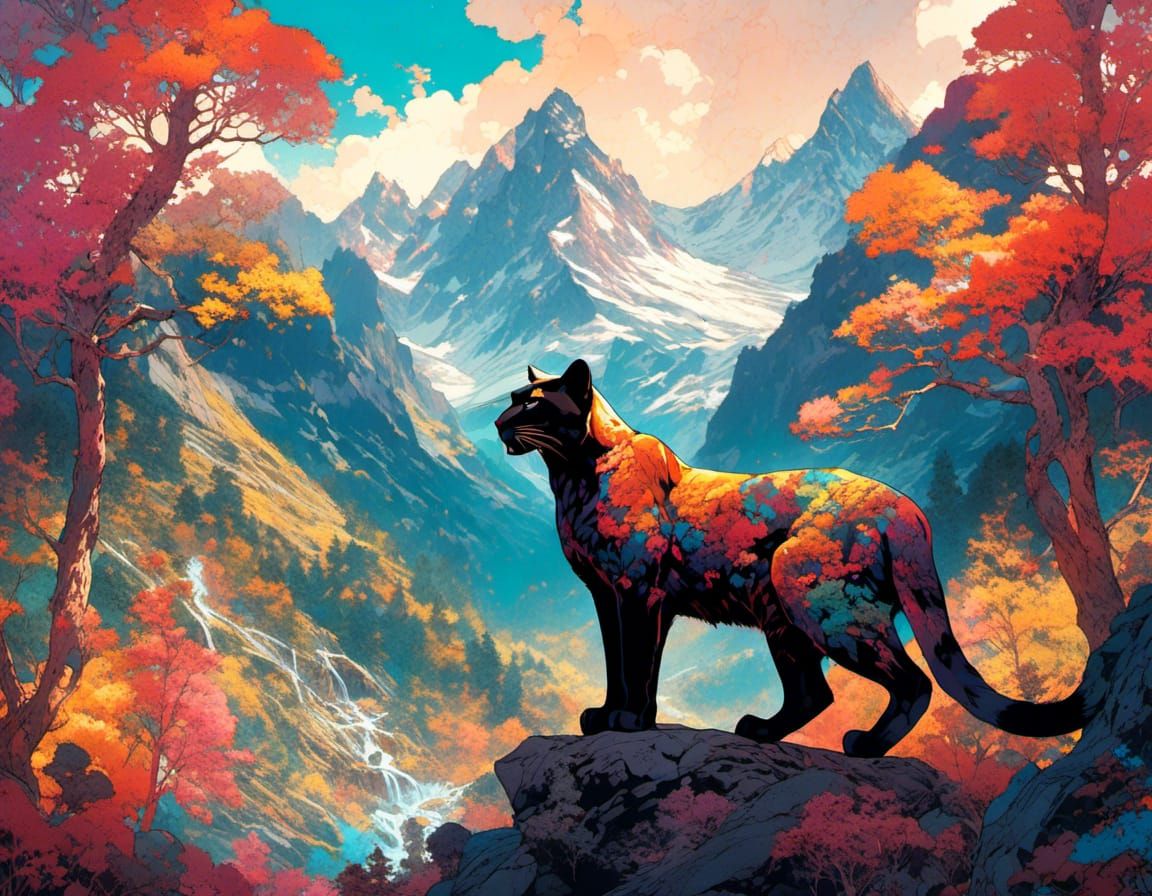 Colorful Double Exposure Mountain Panther Portrait