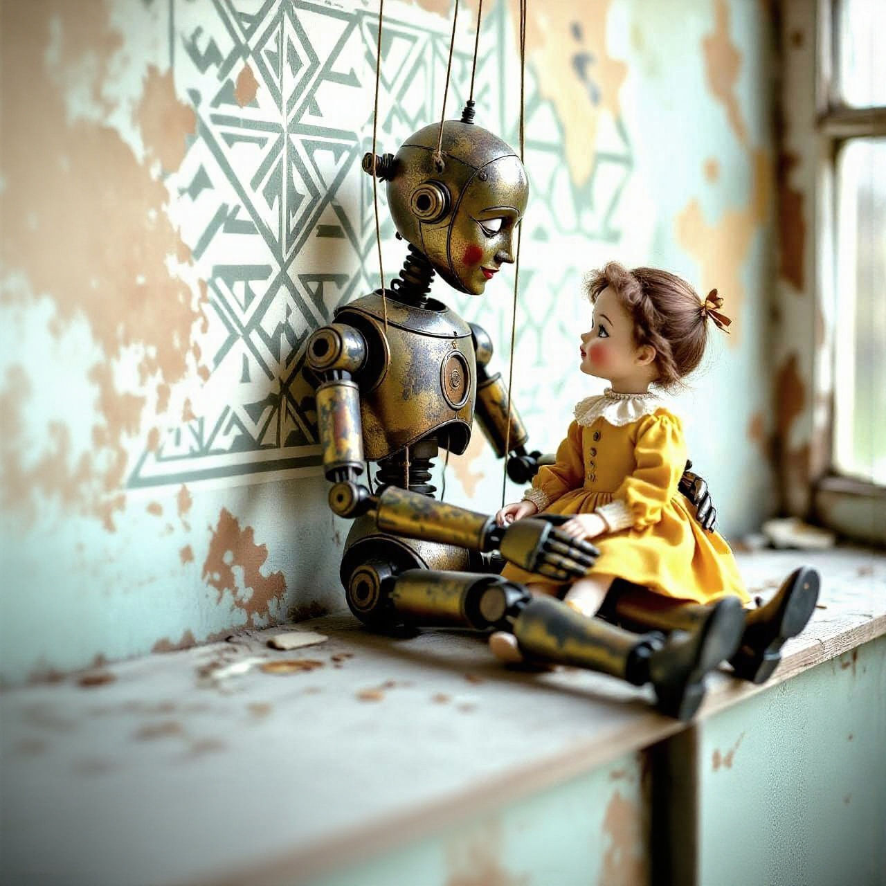 Gigeresque Marionette Puppets Embrace in Grand Greenhouse