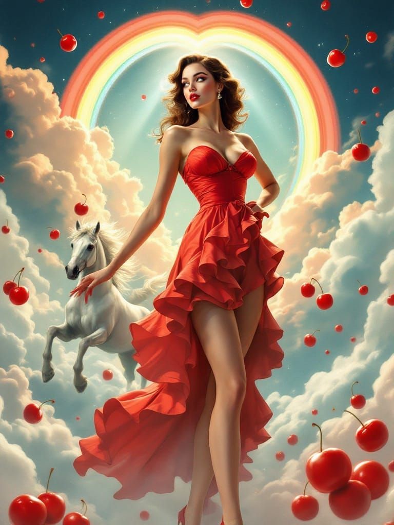 Glamorous Pin-Up Girl in Surreal Cherry Dreamscape