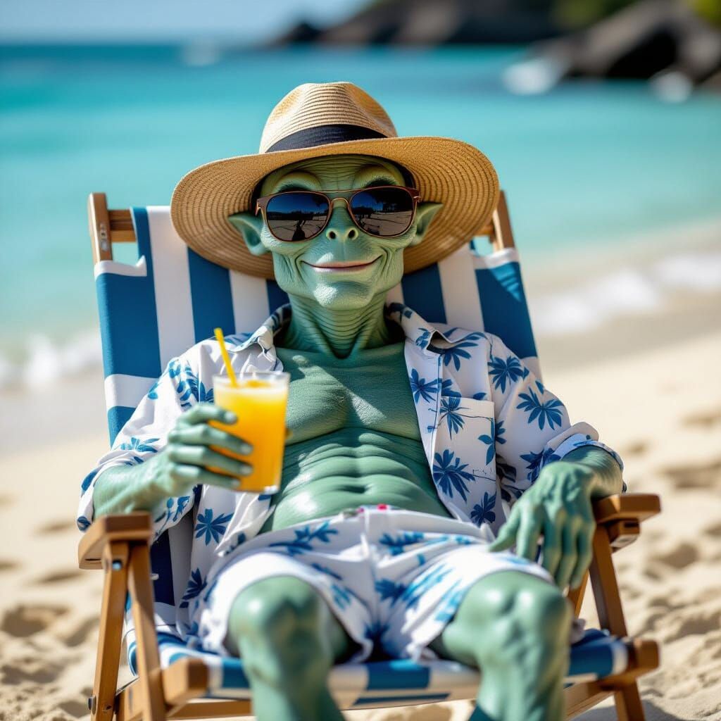 Gray Alien Relaxing on Tropical Beach in Aloha Shirt