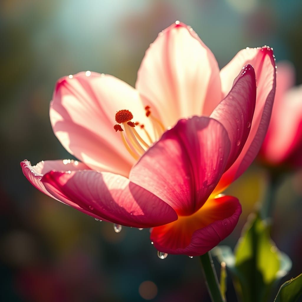 Blooming Flower with Sunlight and Water Droplets