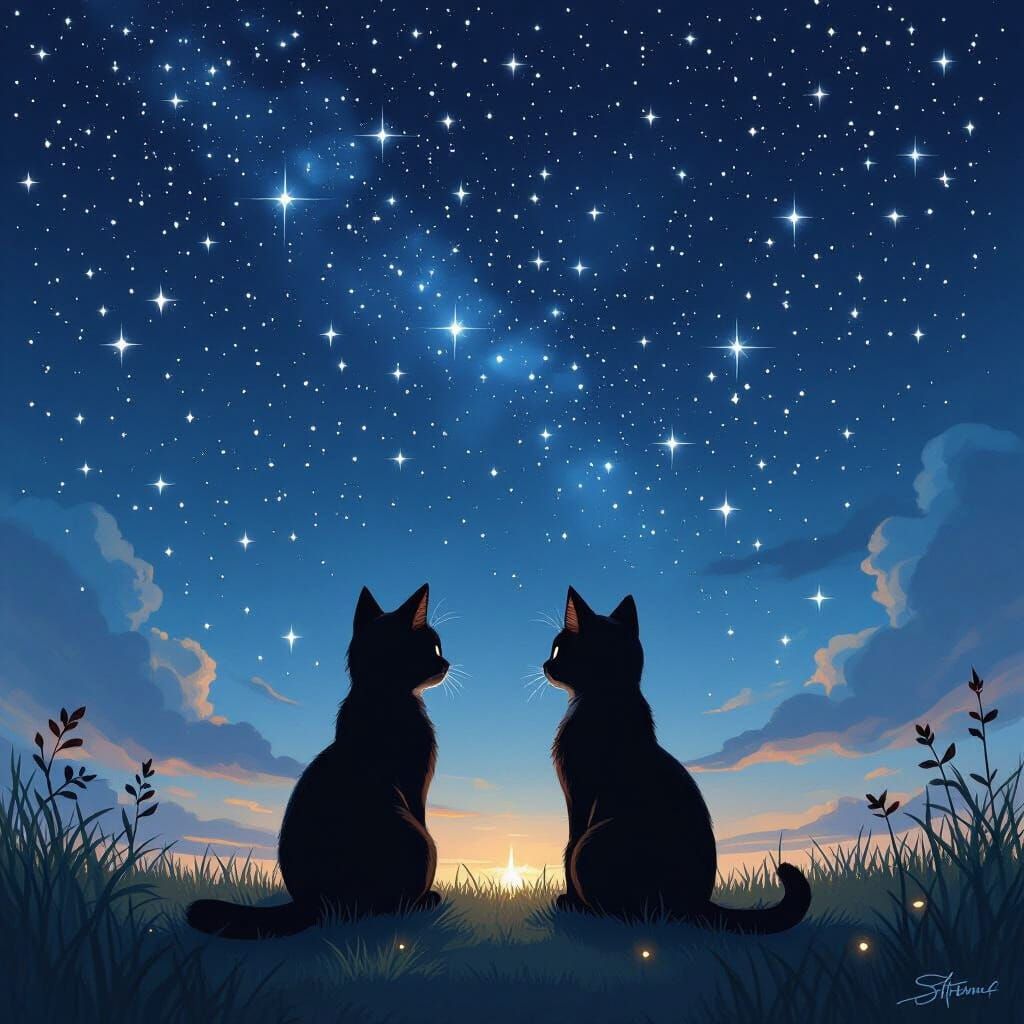 Warrior Cats Under Starry Night Sky in Painterly Style