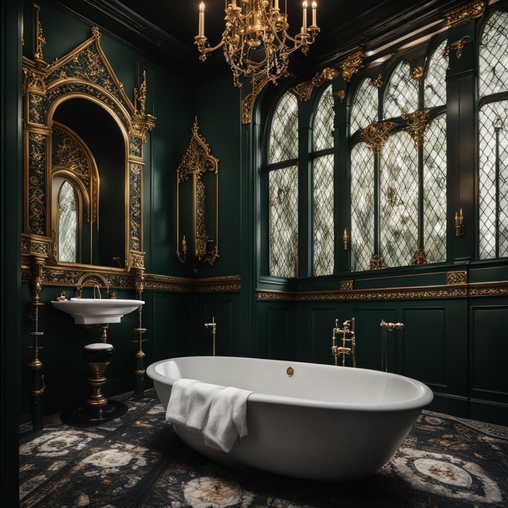 Gothic Bathroom in Dark Green and Gold
