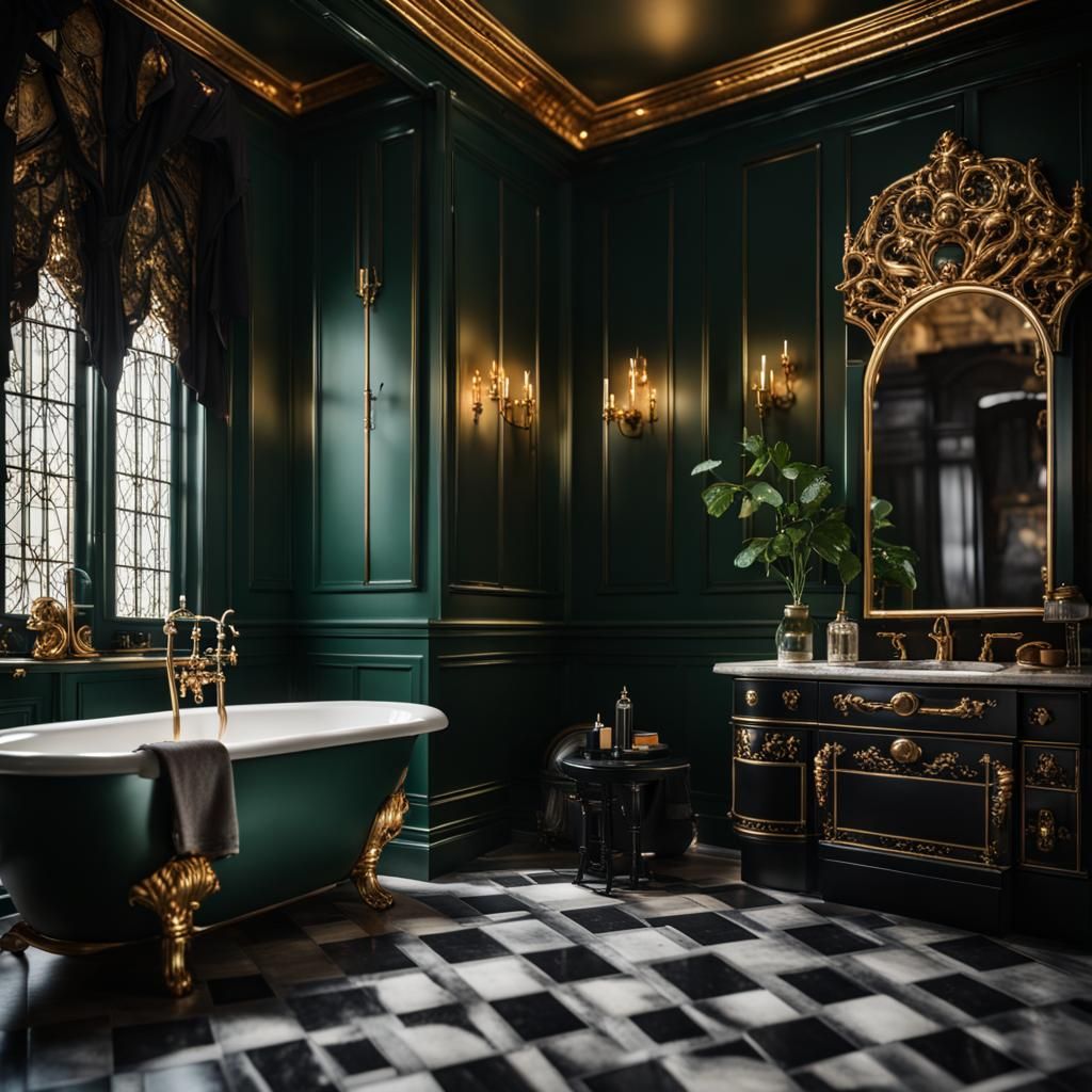 Gothic Bathroom in Dark Green, Black and Gold