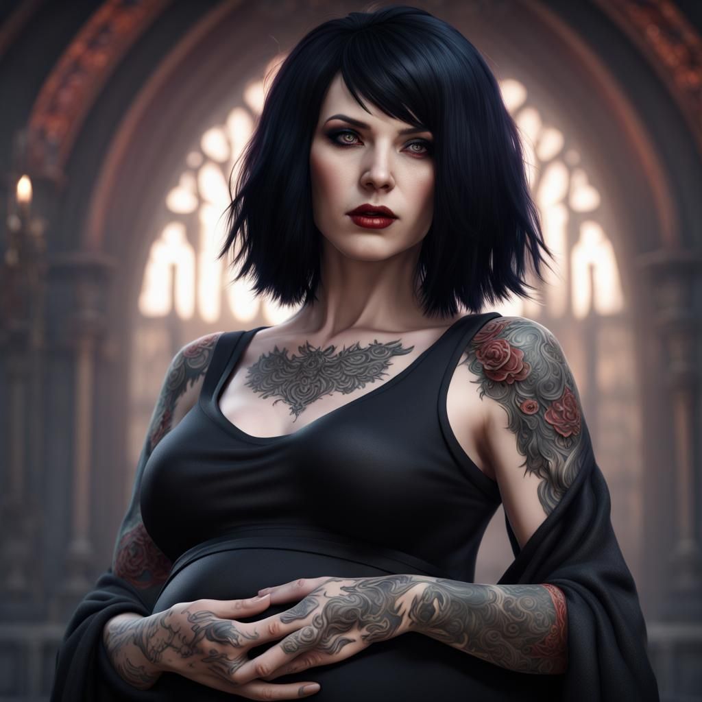 Pregnant Goth Woman in Detailed Matte Painting