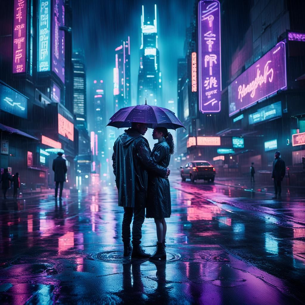Cyberpunk Couple Embrace in Rainy Cityscape