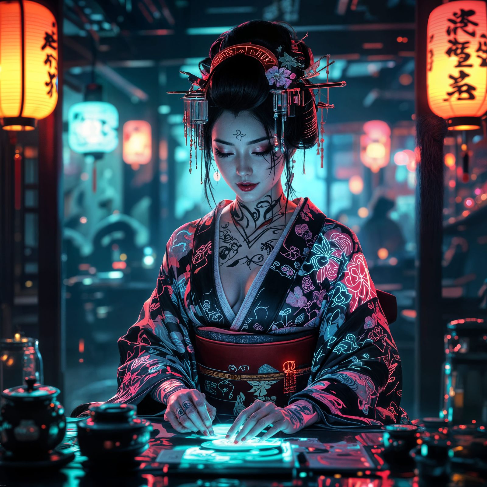 Cyberpunk Geisha in Neon Tea House: Digital Painting