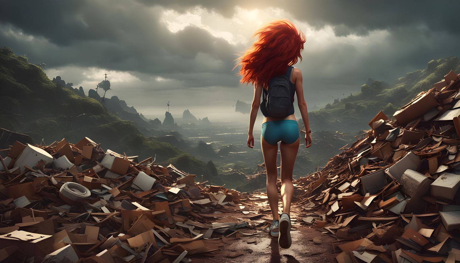 Red-Haired Girl in Wasteland: 3D Game Cinematic Art