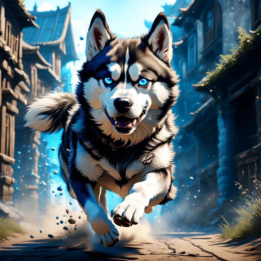 Blue-Eyed Husky Running: Fantasy Concept Art
