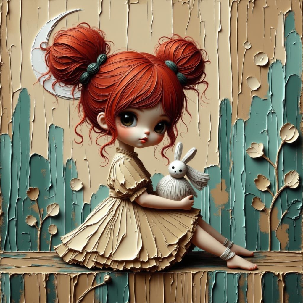 Toddler with Red Pigtails Holds Rabbit Plush