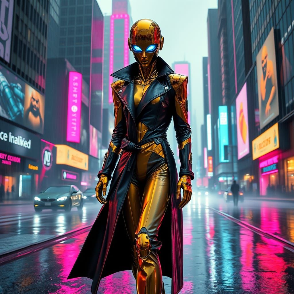 Sleek Android Strolls Cyberpunk City Streets