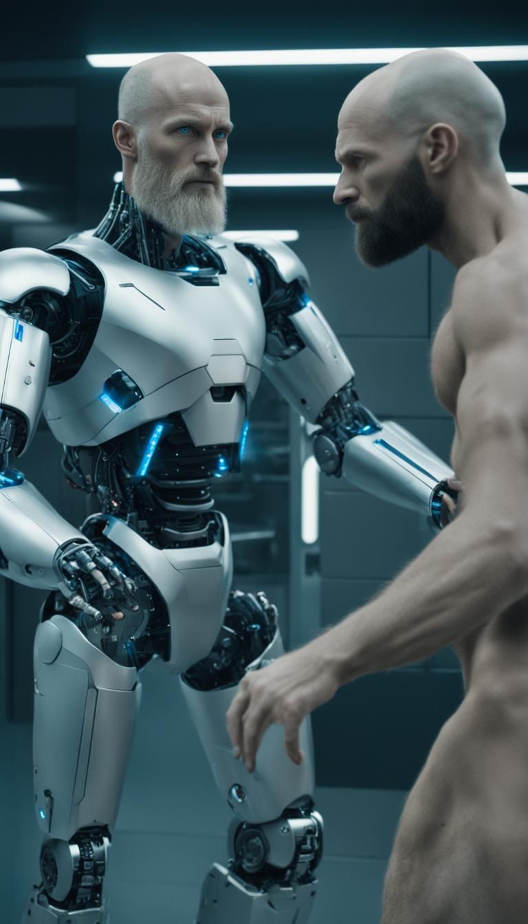 Futuristic Hologram: Male Humanoid Robot in Silver Technolog...