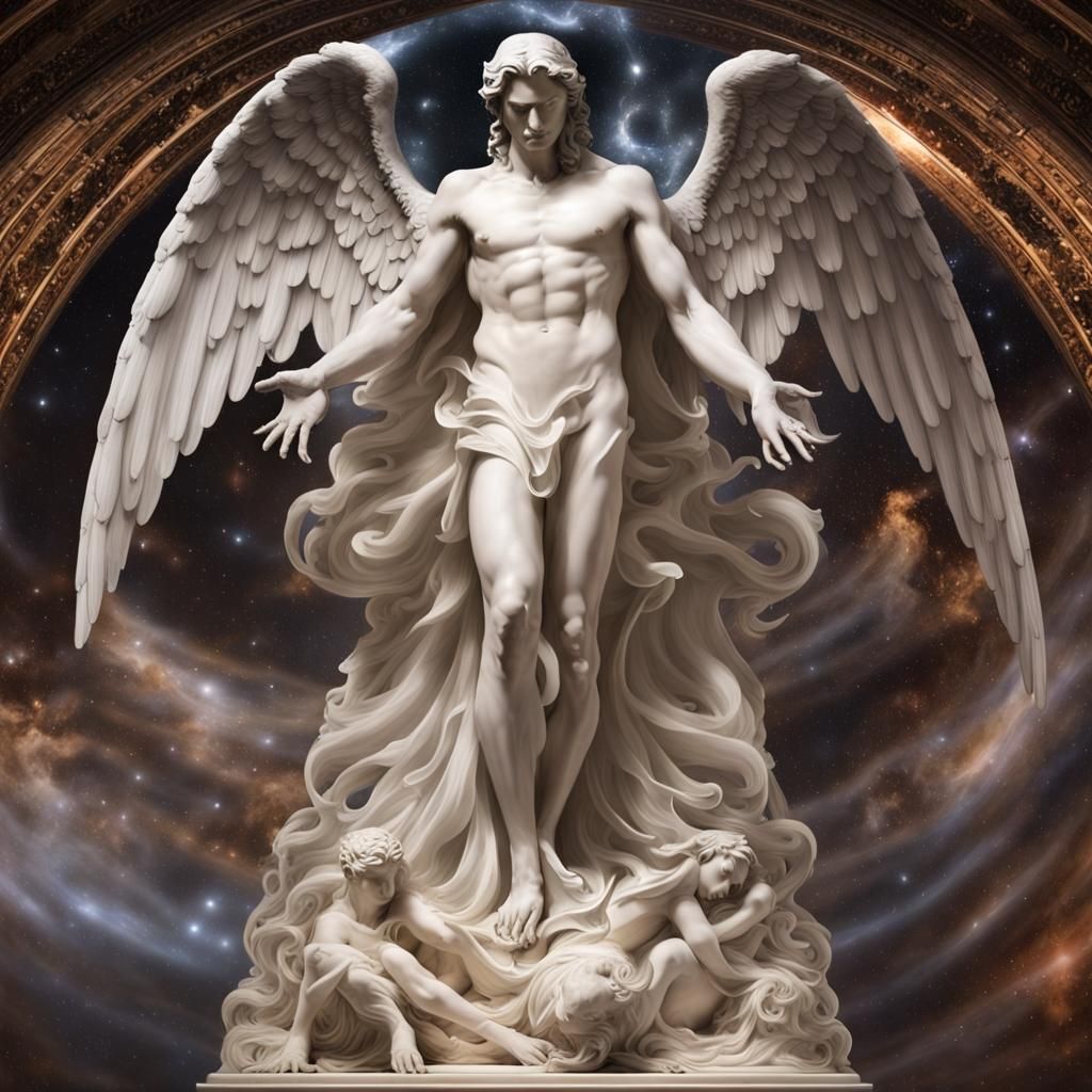 Hyperrealistic Marble Statue of Lucifer at Threshold