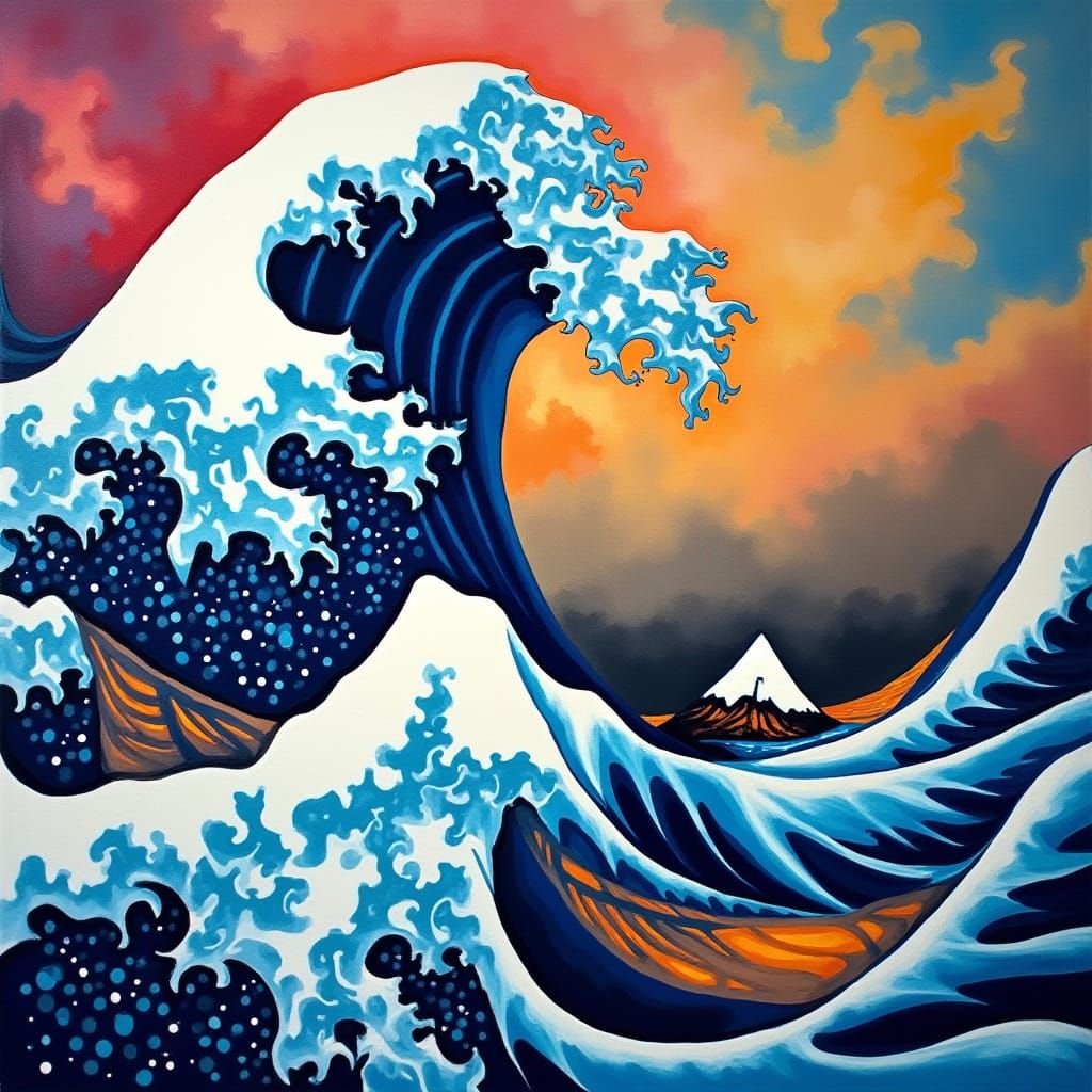 Cubist Great Wave: Geometric Shapes in a Dreamlike Sea
