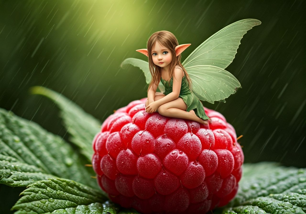Fairy on Raspberry in Rainy Forest