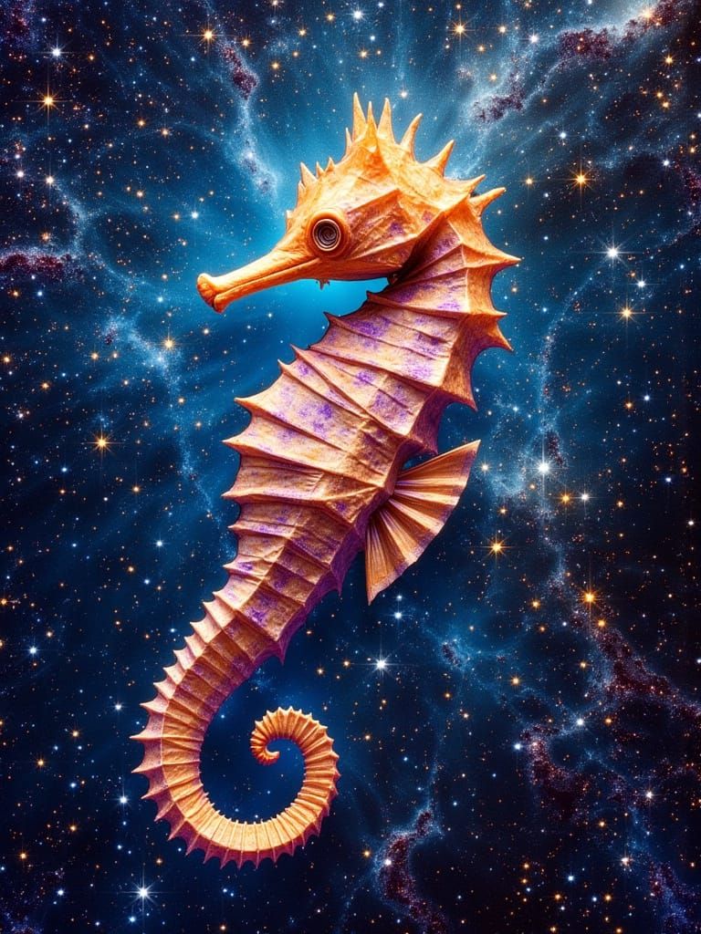 Origami Seahorse in Cosmic Nebula Digital Painting