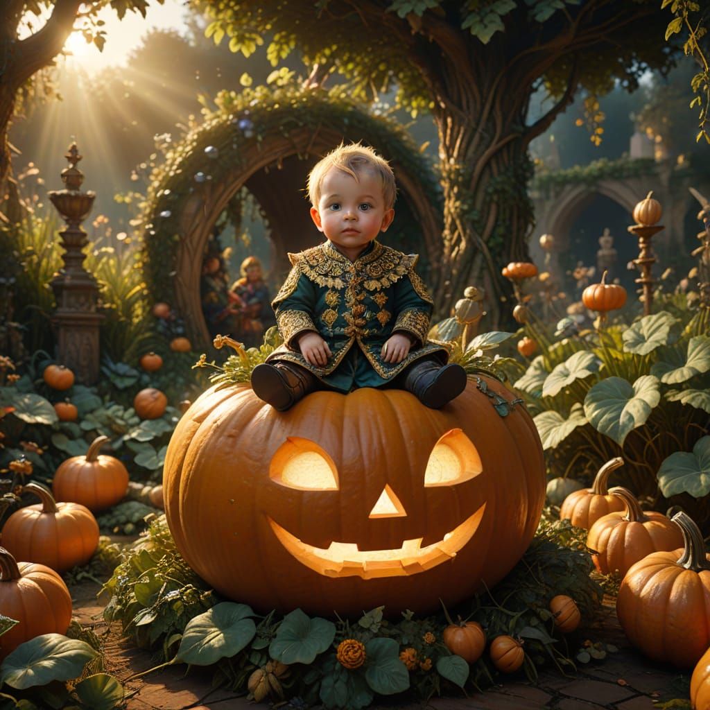 Regal Baby on Giant Pumpkin with Sprites in Golden Garden