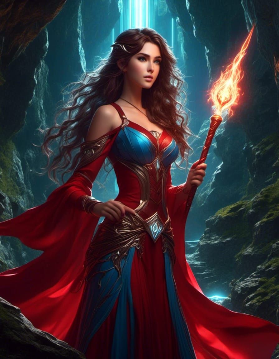 Fantasy forest elf, female mage, brunette wavy hair, blue eyes, red flowing mage dress. Holding wizard staff, casting sp...