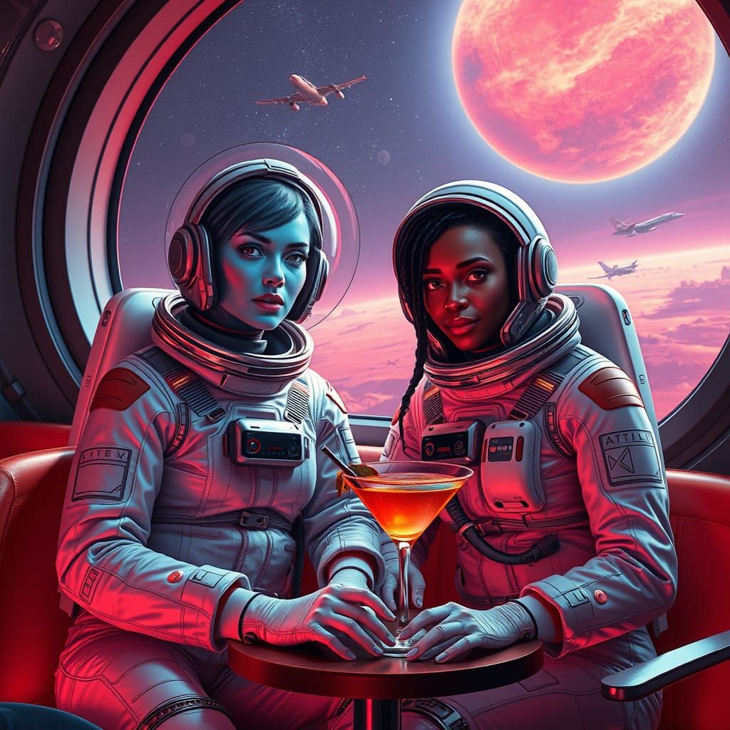 Stunning Alien Cosmonaut in Futuristic Space Cafe with Robot...