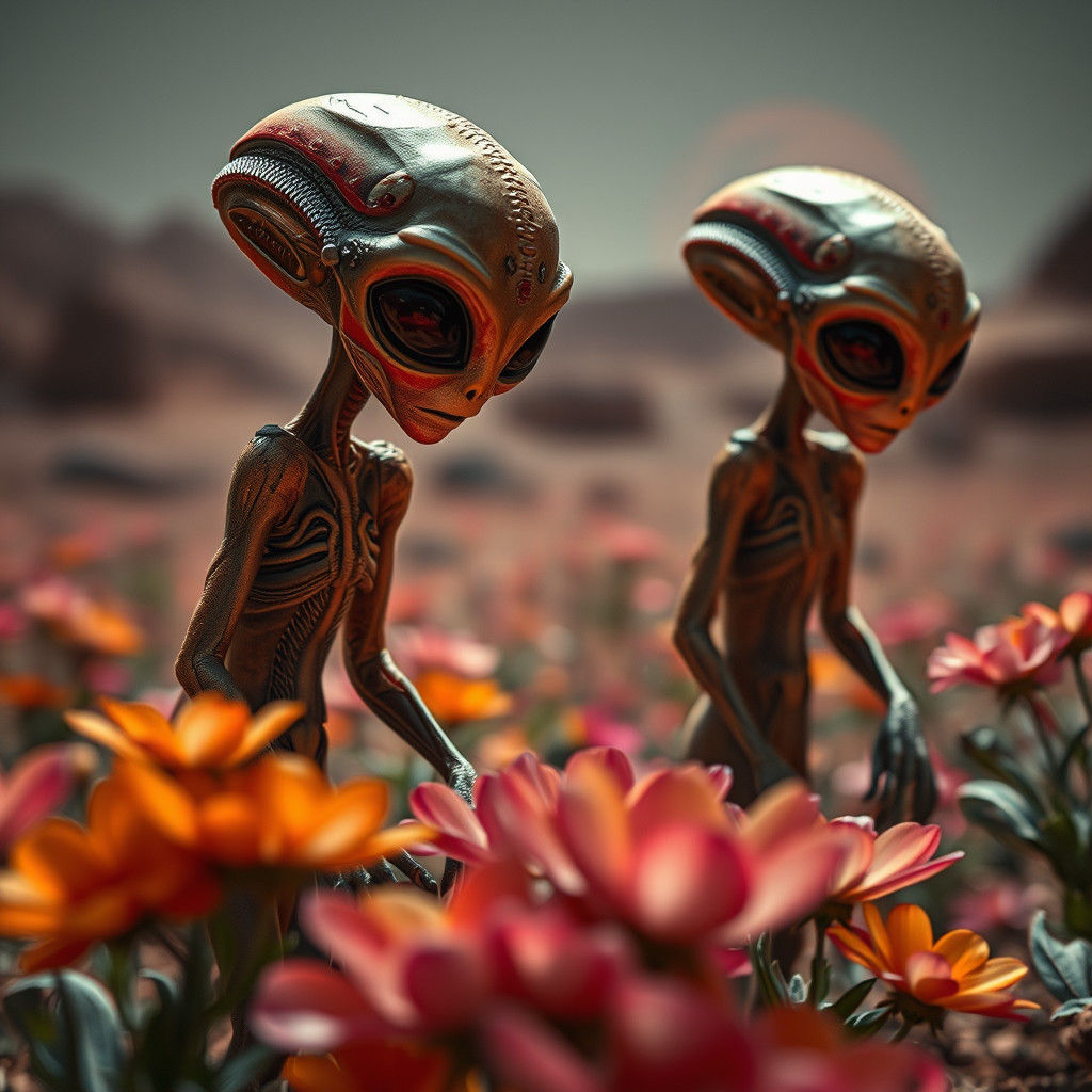 Hyperrealistic Aliens Cultivating Martian Flower Garden