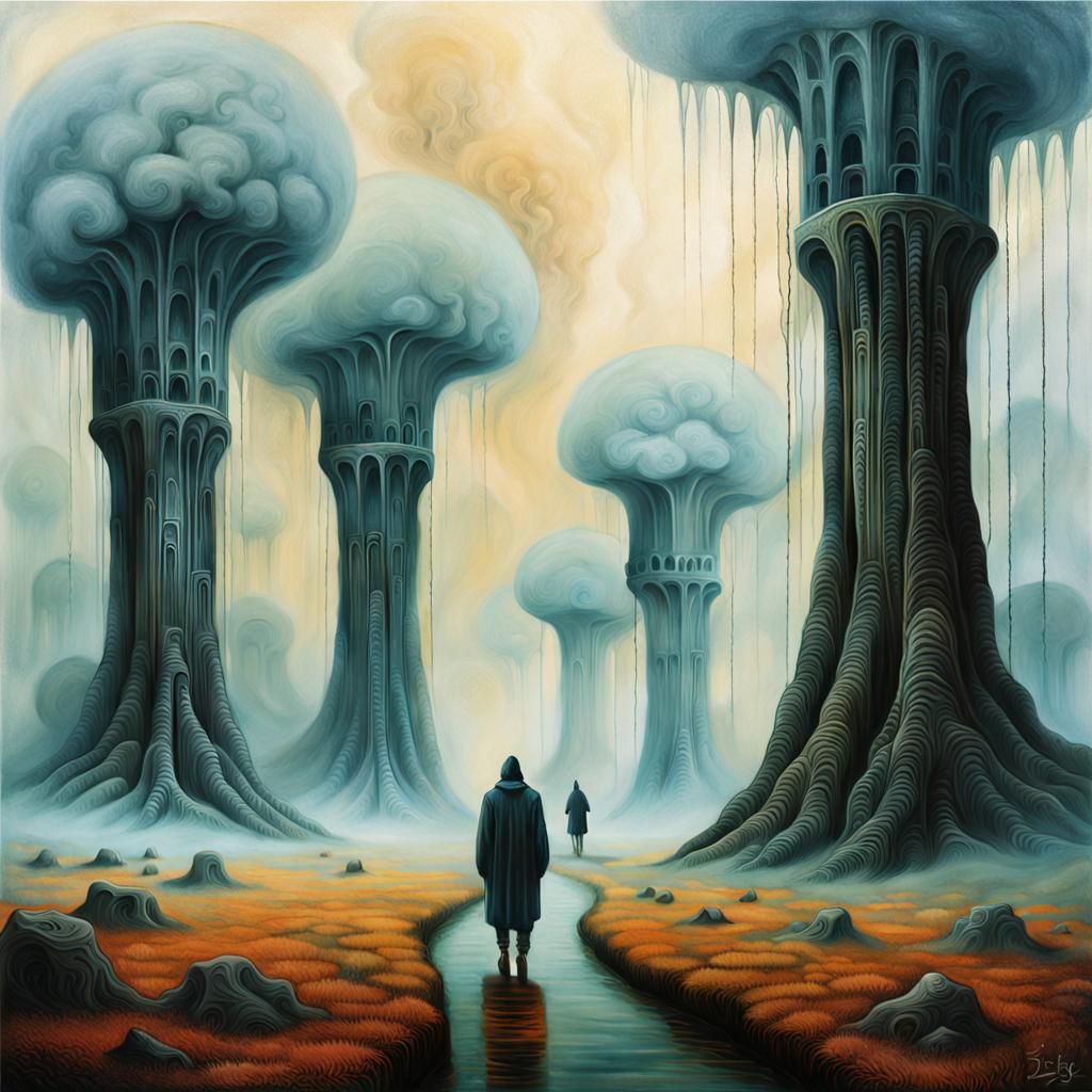 Surreal Giants in Mystical Dreamscape Painting