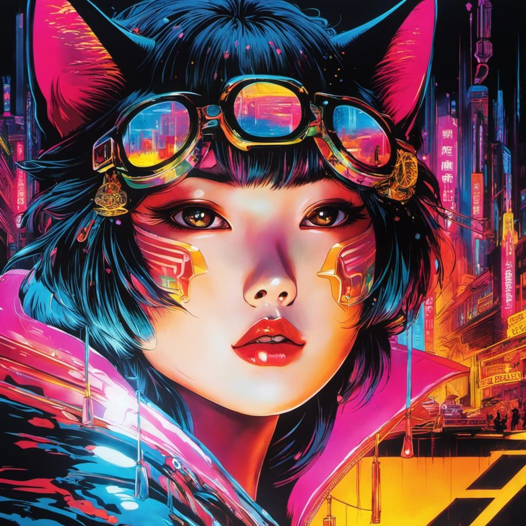 Cyberpunk Neko Yokai Graffiti Art