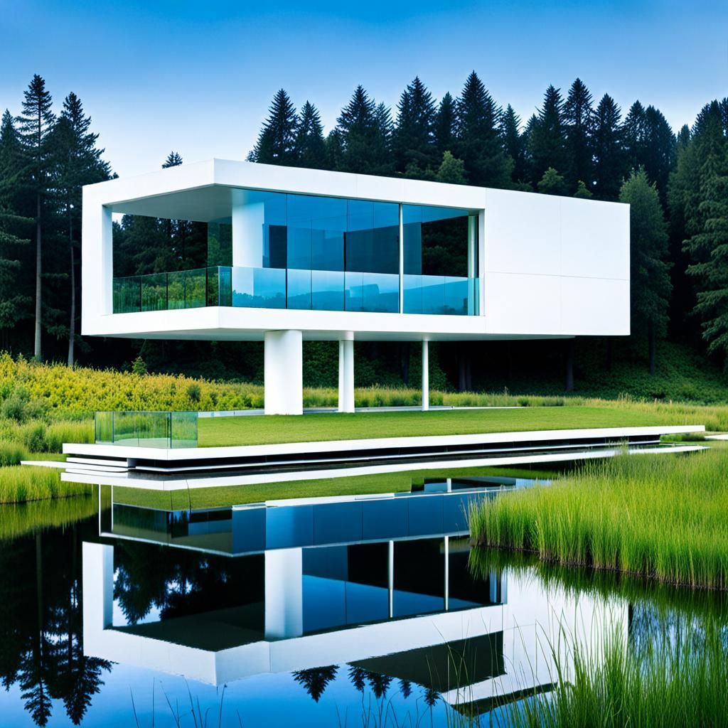 Minimalist Architecture with Reflecting Pool and Sculptures