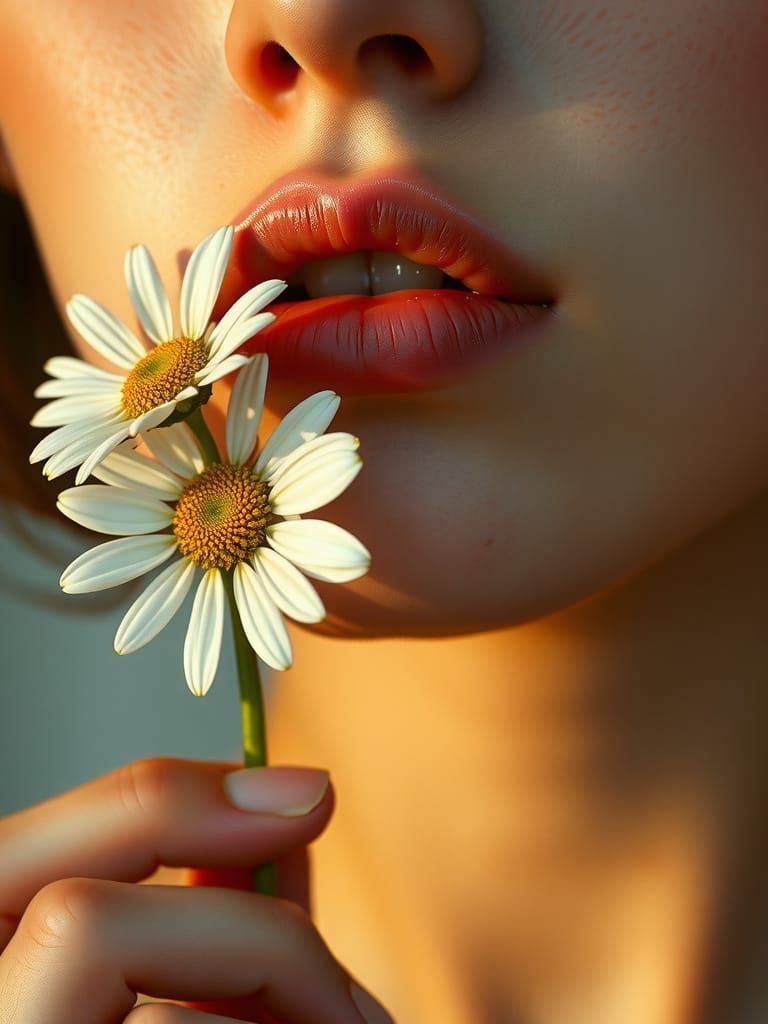 Sensual Woman Embracing a Daisy in a Dreamy, Impressionist S...