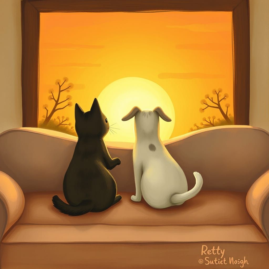 Cat and Dog Friendship Watching Sunset on Sofa