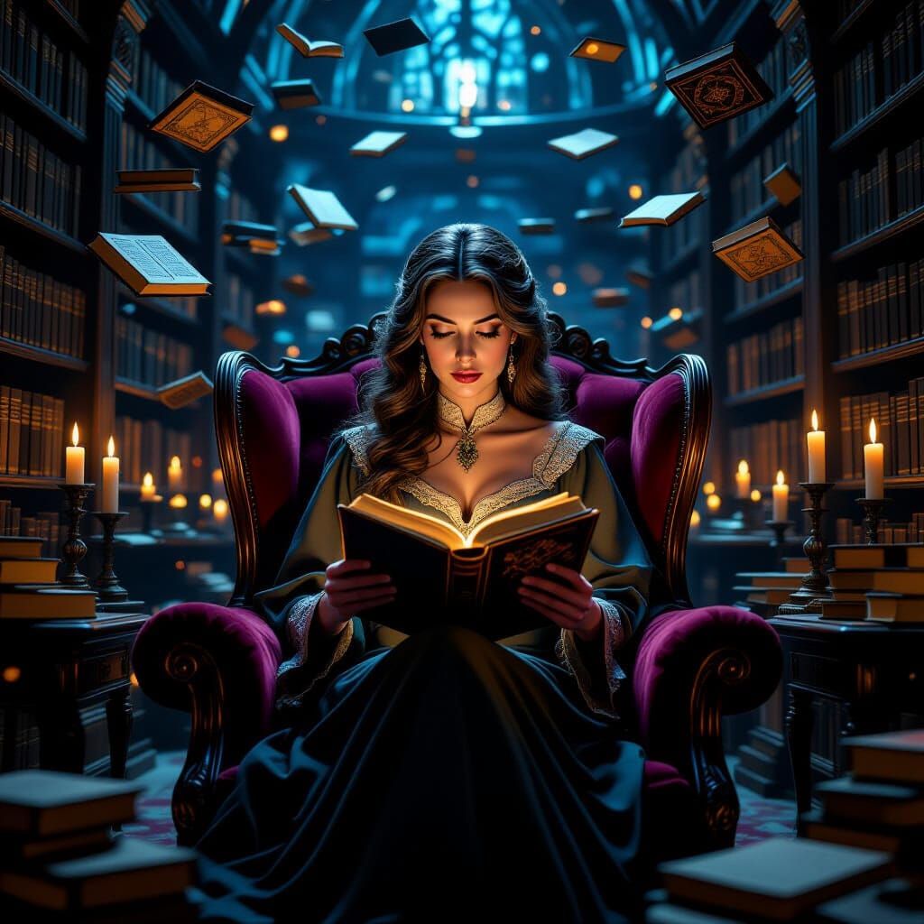 Mystical Librarian Reading Grimoire in Shadowy Library