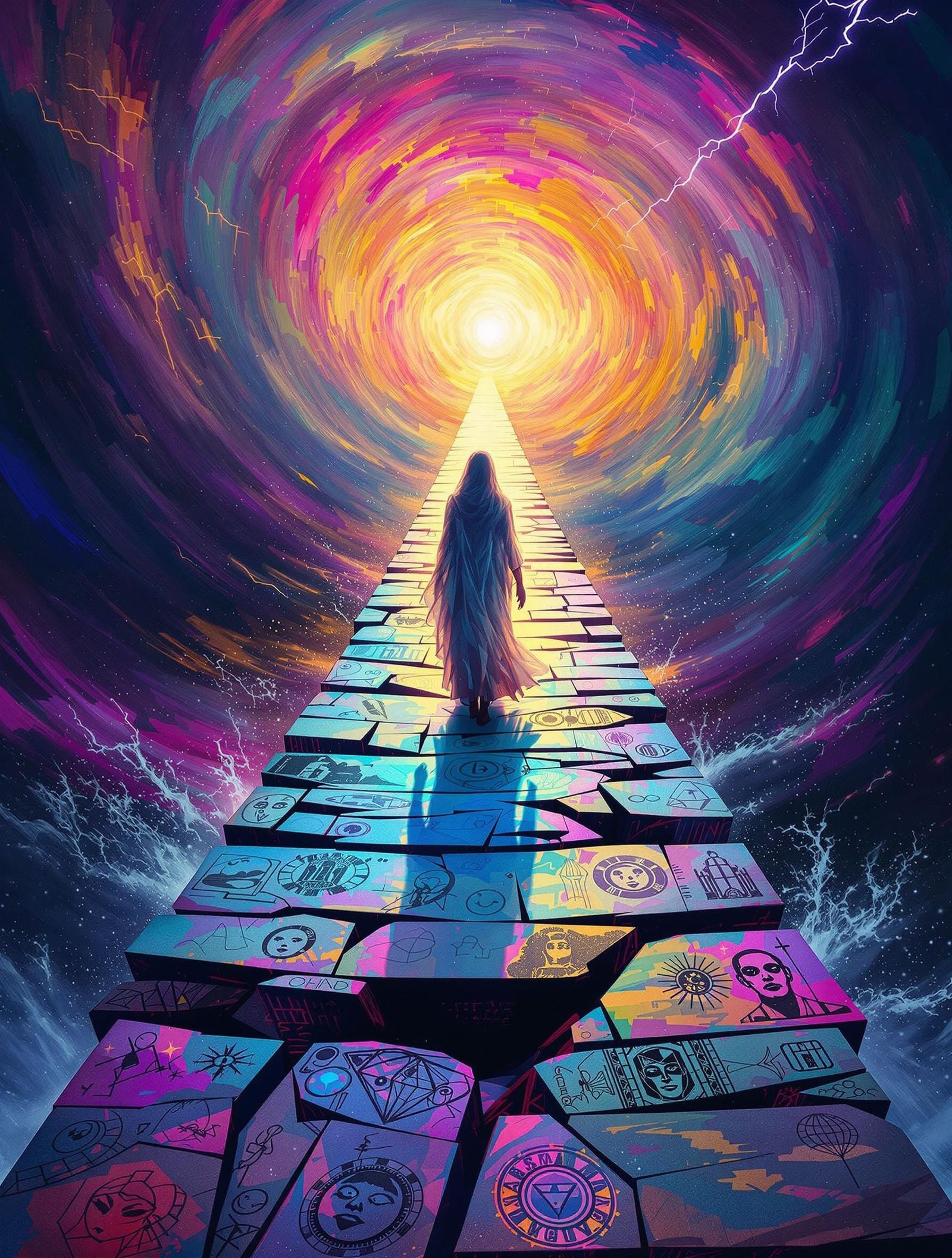 Mysterious Figure Stands on a Fragile Bridge Amidst a Swirli...