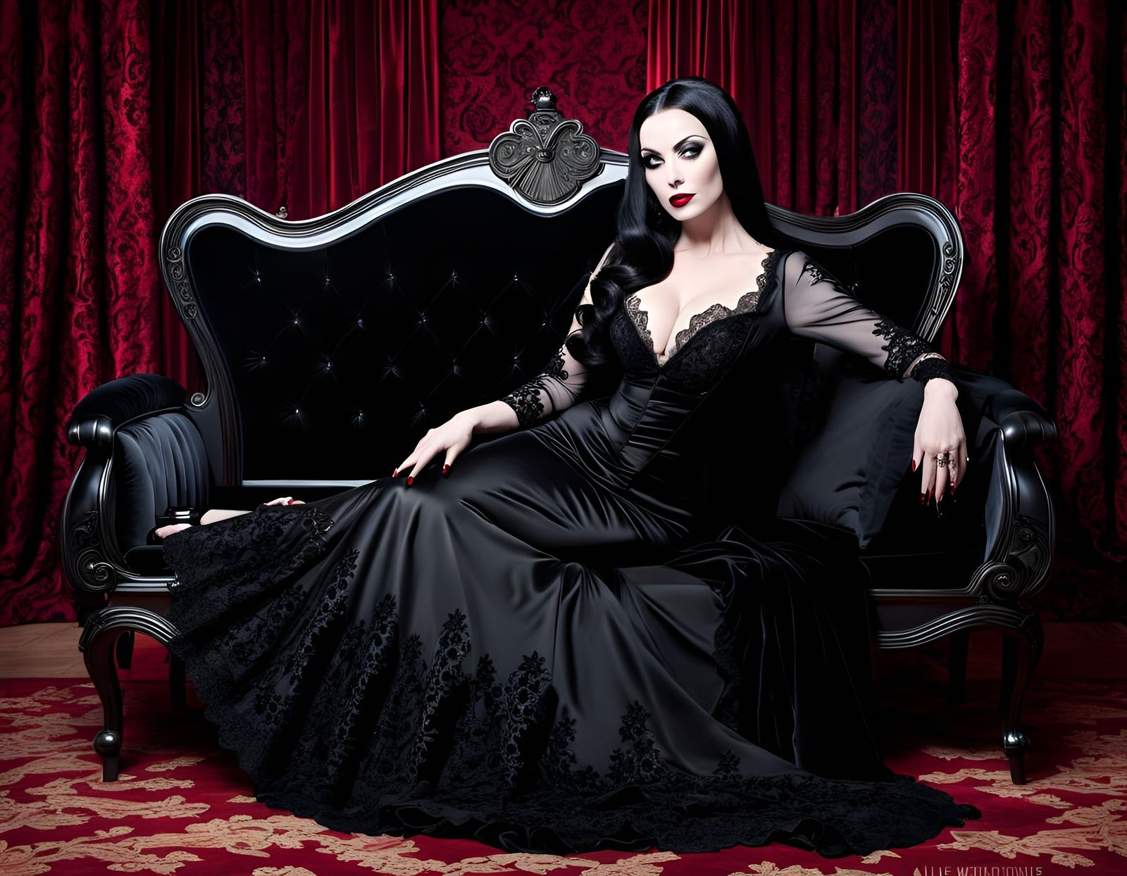 Morticia Addams in Black Velvet on Victorian Bed