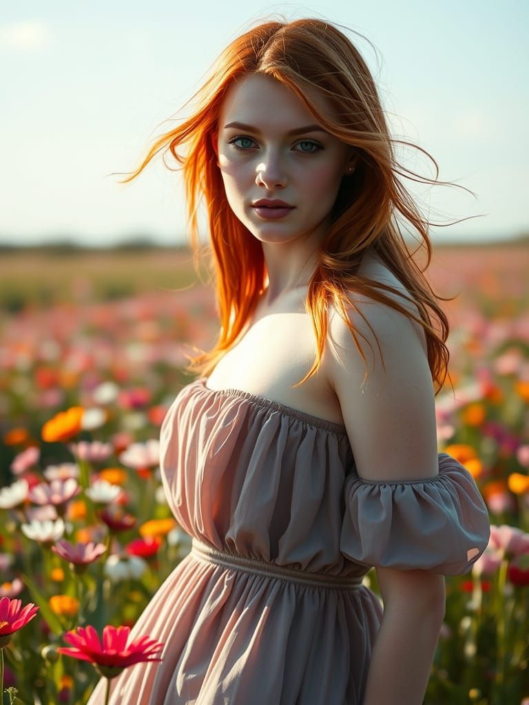 Redhead in Wildflower Field: Dramatic Natural Lighting