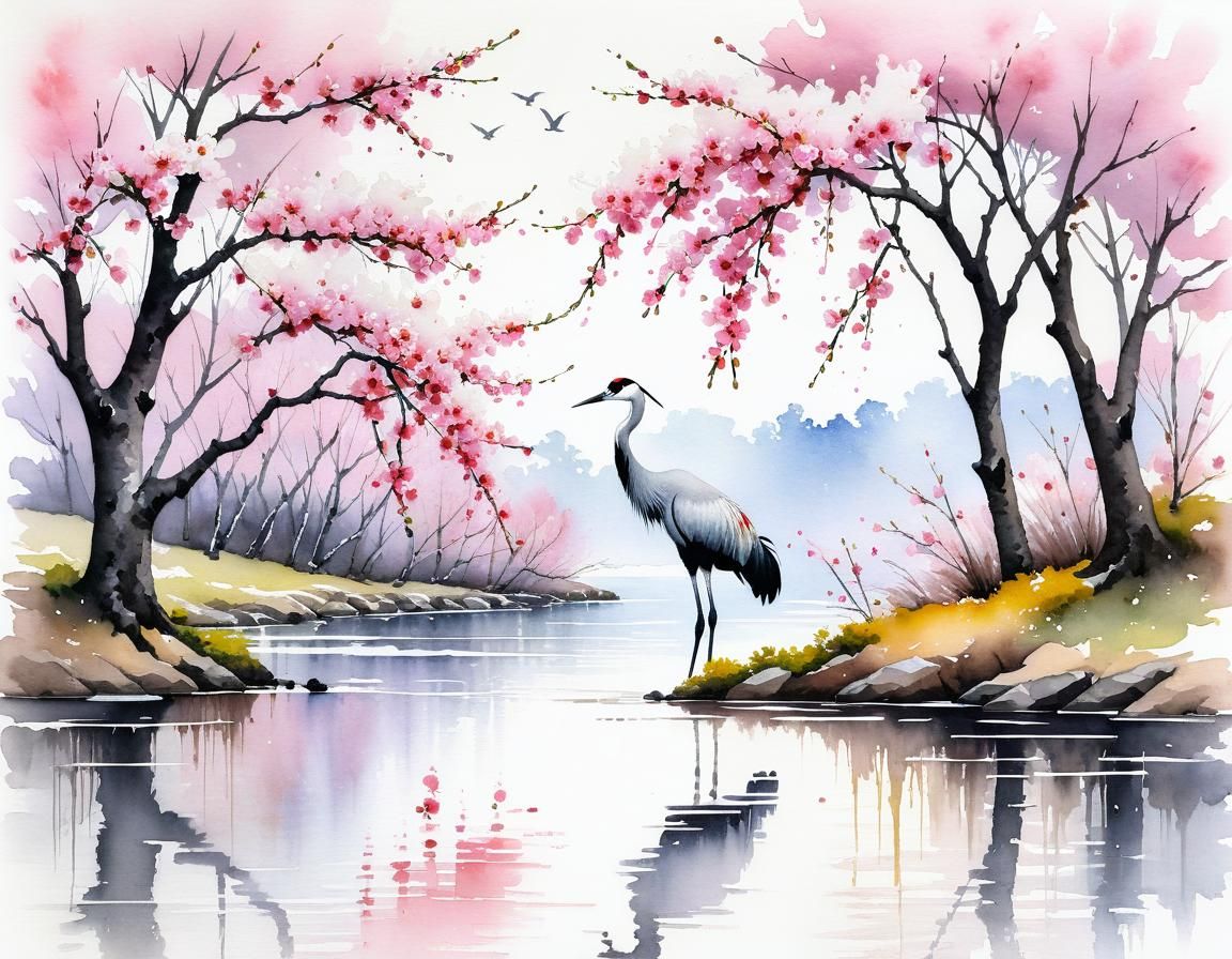 Watercolor Crane with Cherry Blossoms