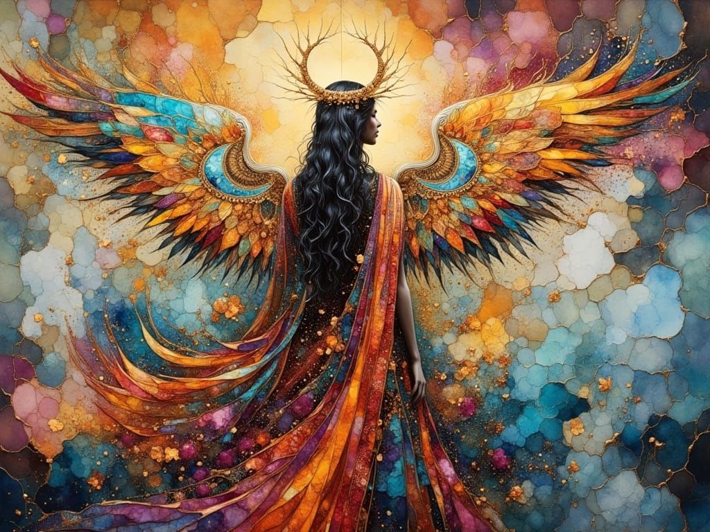 Goddess with Wings on Her Back in Crinkled Metallics