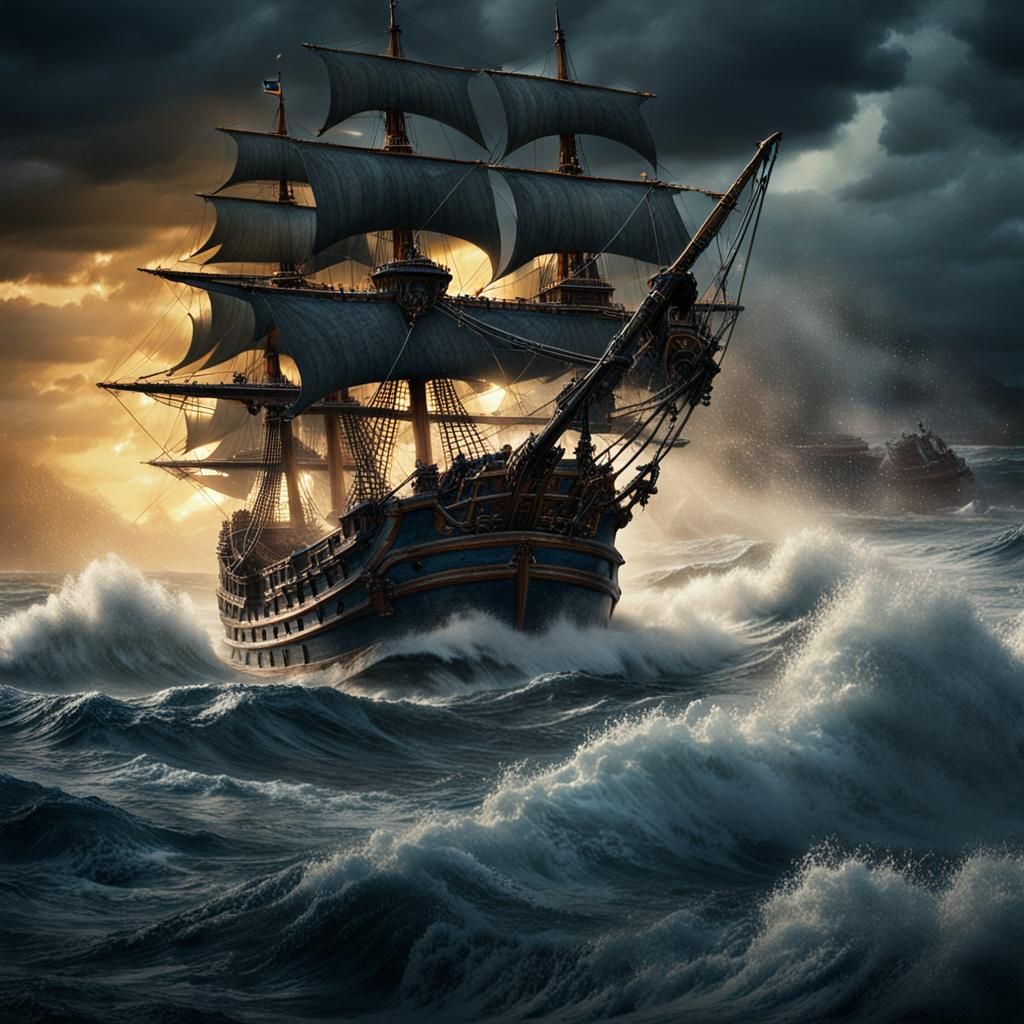 Stormy Seas Battle Between Galleon and Pirate Ship