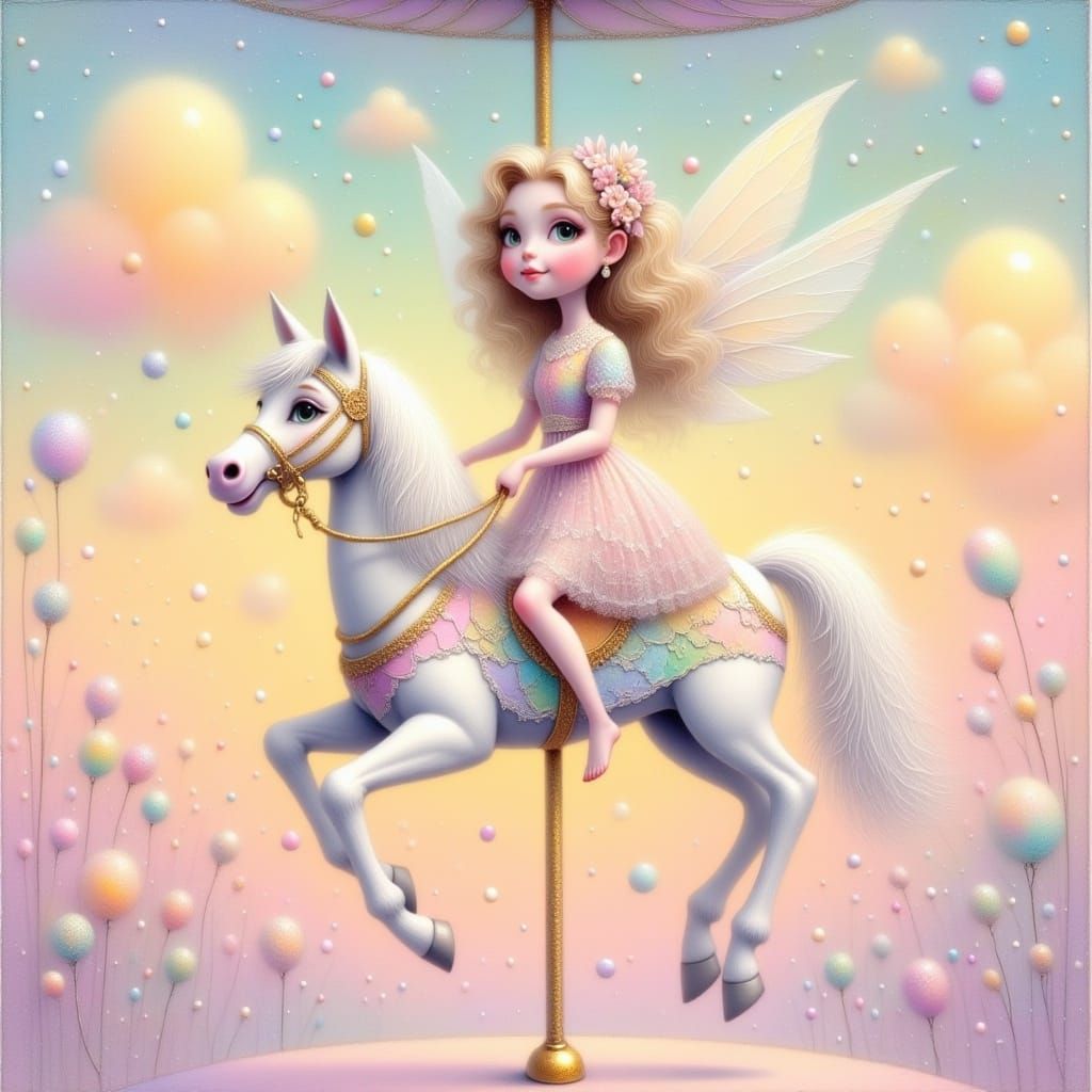 Whimsical Girl on Carousel in Watercolour Style