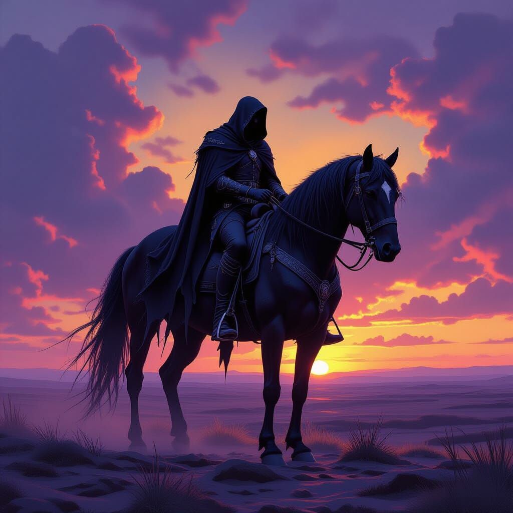 Majestic Pale Horse and Rider in Dark Fantasy Landscape