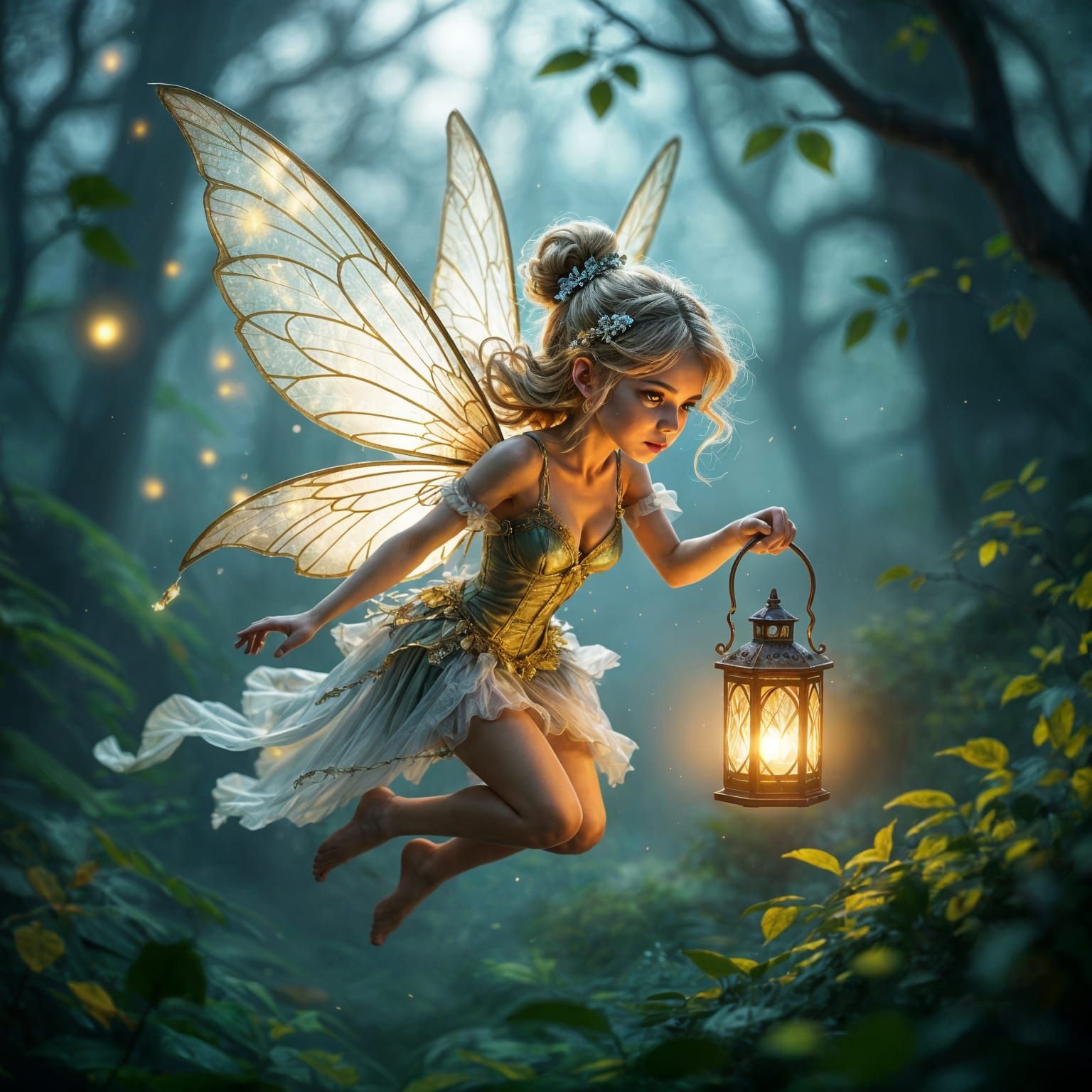 Radiant Fairy Flies Through Dark Forest